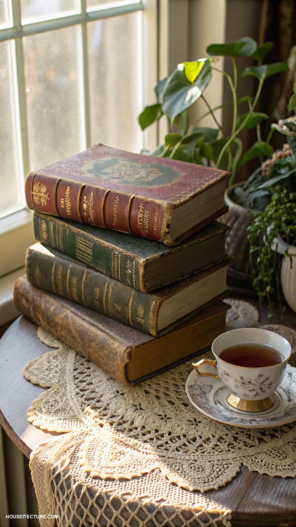 grandmacore house Old books stacked as decorative accents