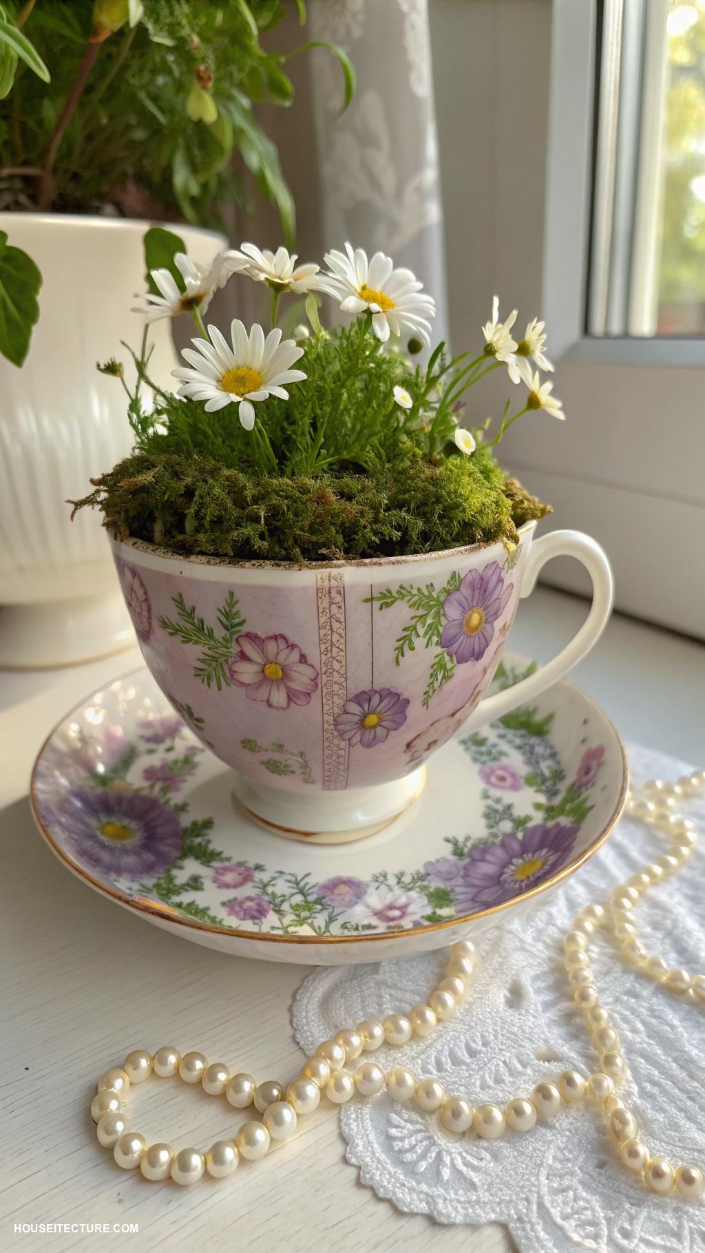 grandmacore house Vintage teacups as decorative planters