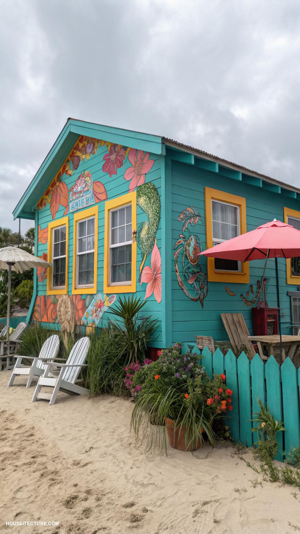 north carolina island houses Colorful beach shack showcasing local art designs