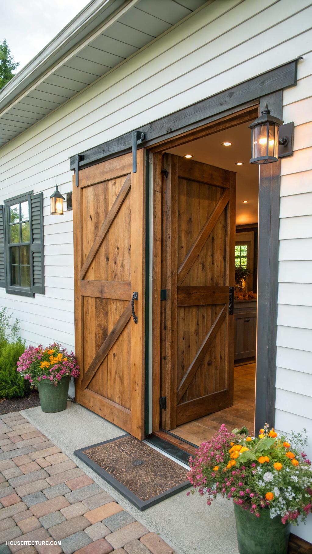 rustic modern farmhouse exterior Charming barn doors for modern entry