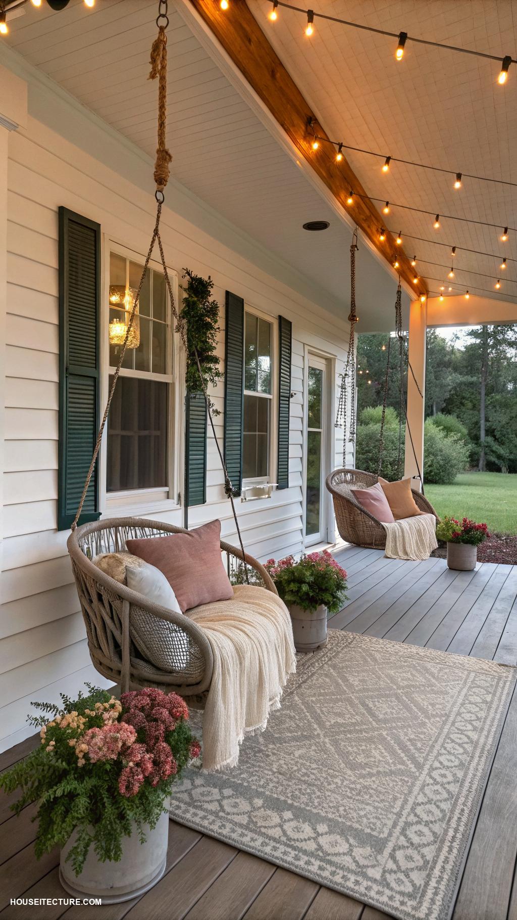 rustic modern farmhouse exterior Covered porch with hanging swings
