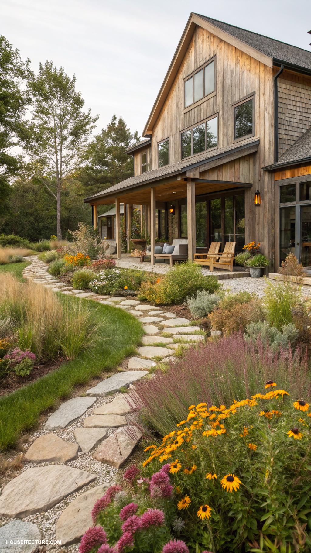 rustic modern farmhouse exterior Landscaping with native plants for sustainability