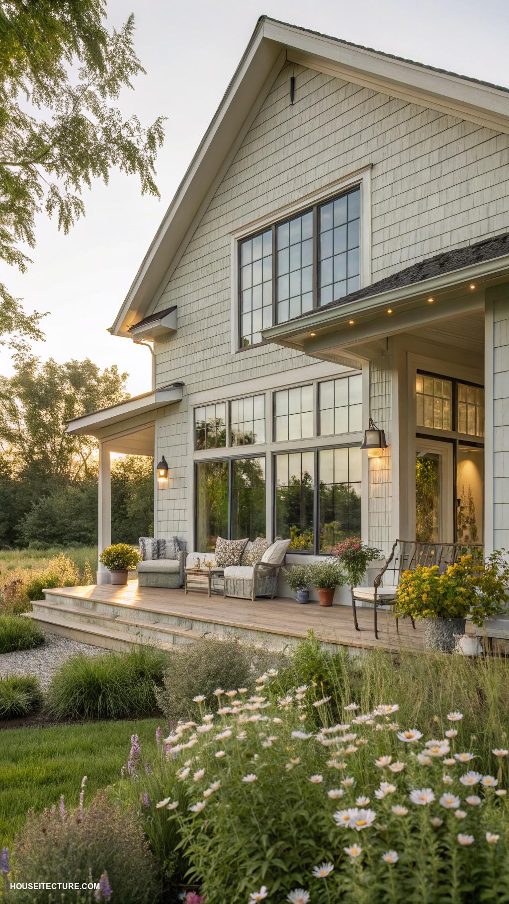 rustic modern farmhouse exterior Large windows inviting natural light
