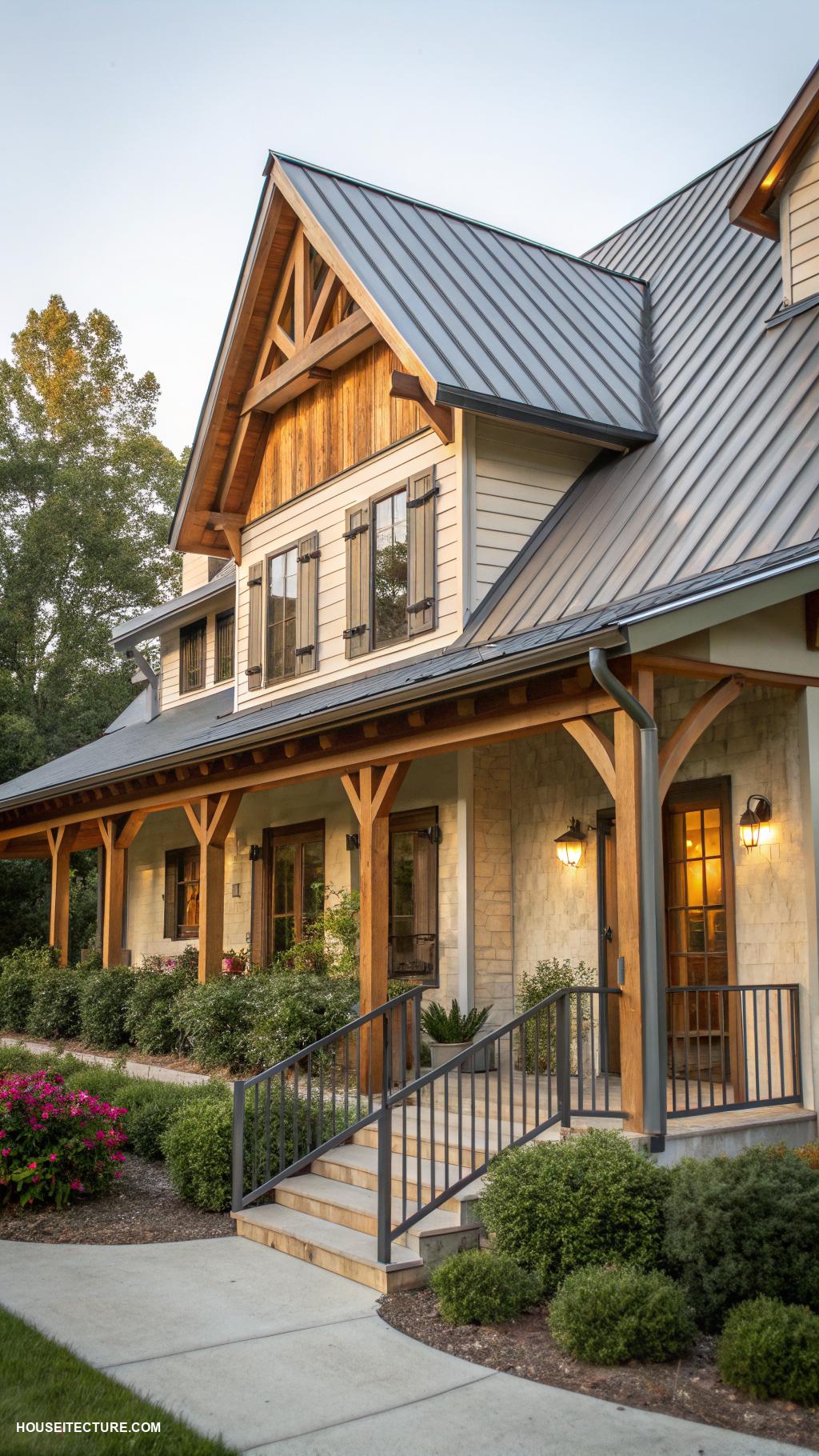 rustic modern farmhouse exterior Metal roofs paired with wooden accents