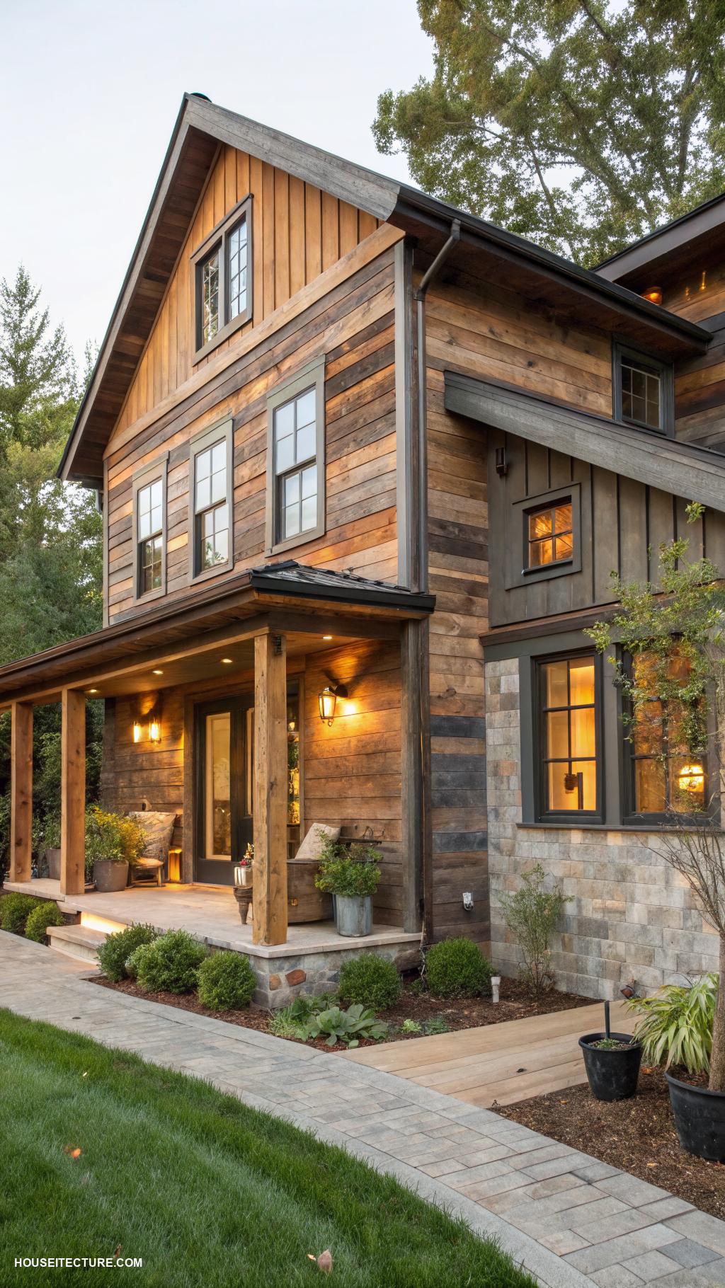 rustic modern farmhouse exterior Reclaimed wood siding for warm aesthetics