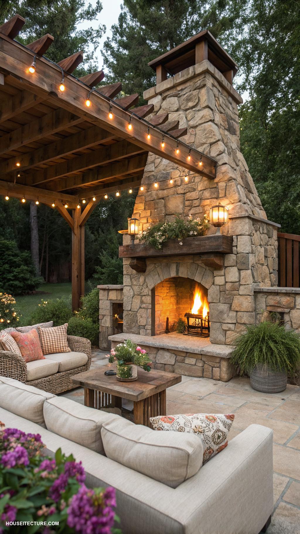 rustic modern farmhouse exterior Stone fireplace as focal point outside