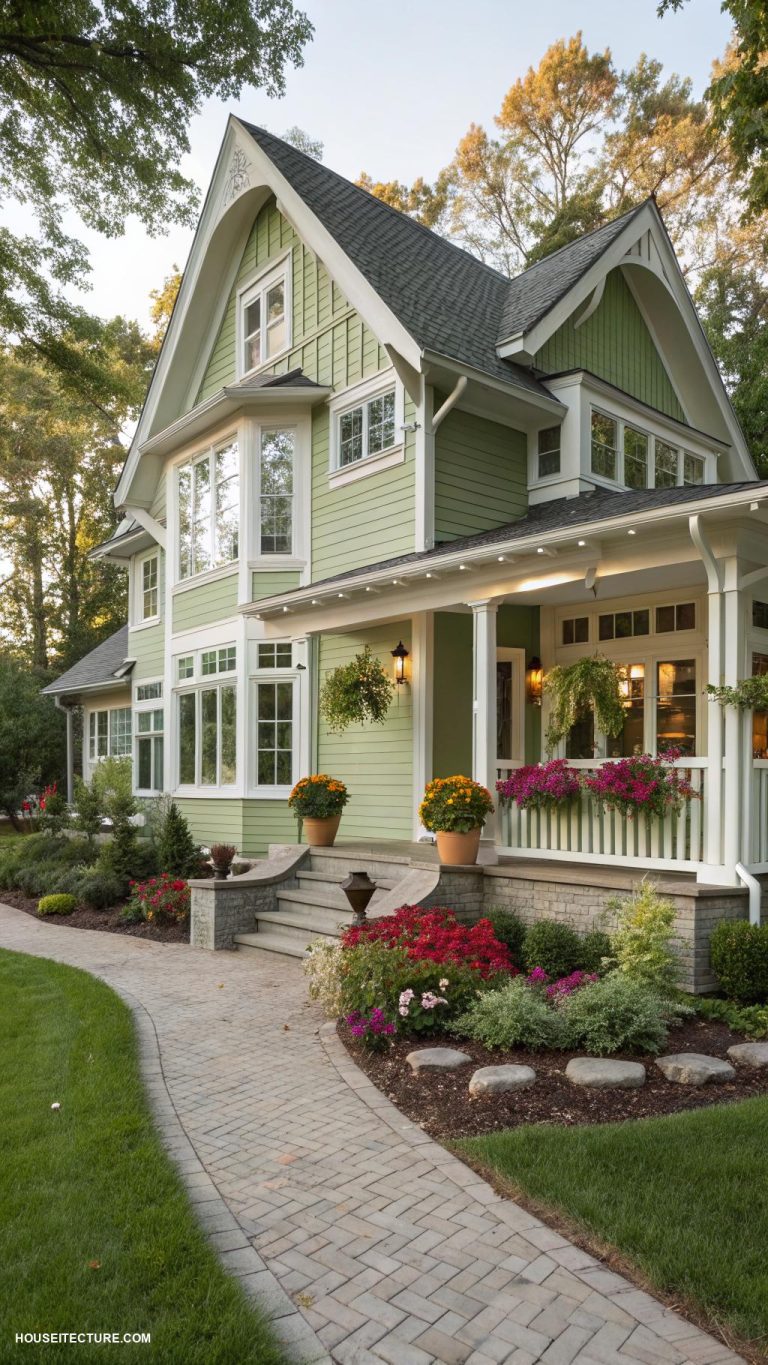 sage green houses Sage green exterior with white trim accents
