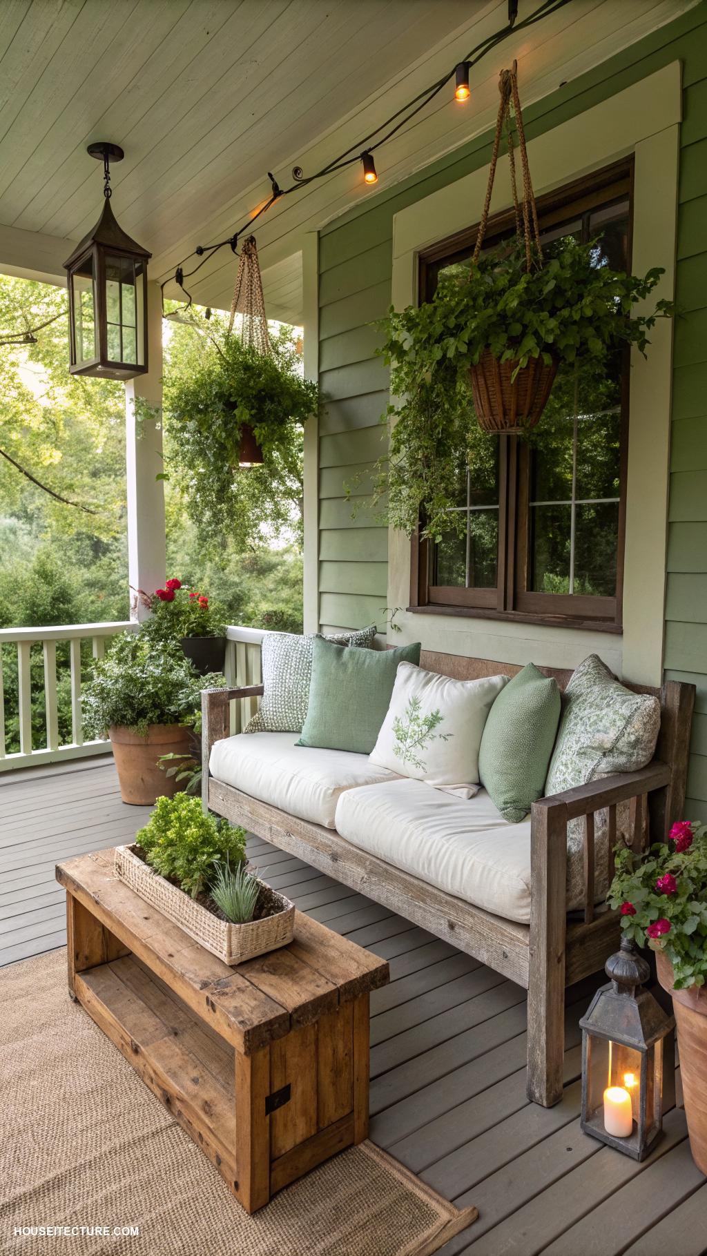 sage green houses Sage green porch with rustic wooden decor