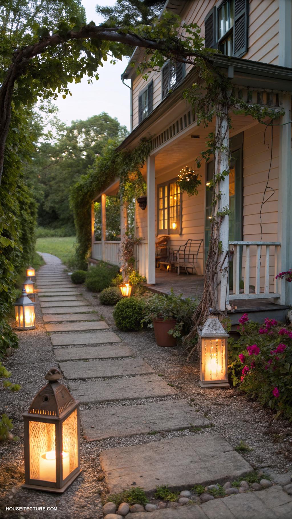 small old farmhouse Charming lanterns lining the walkway