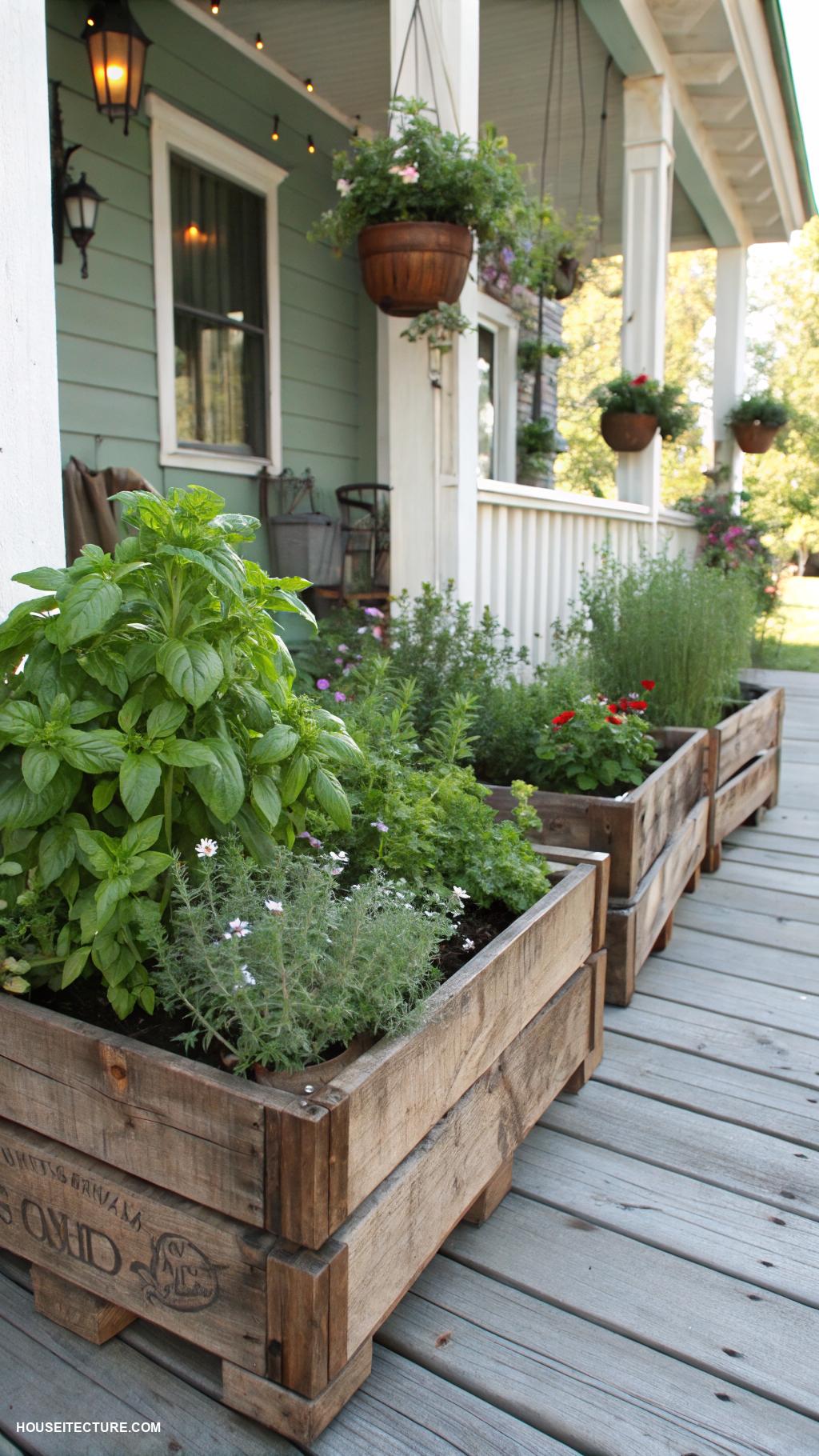 small old farmhouse Herb garden in reclaimed wooden crates