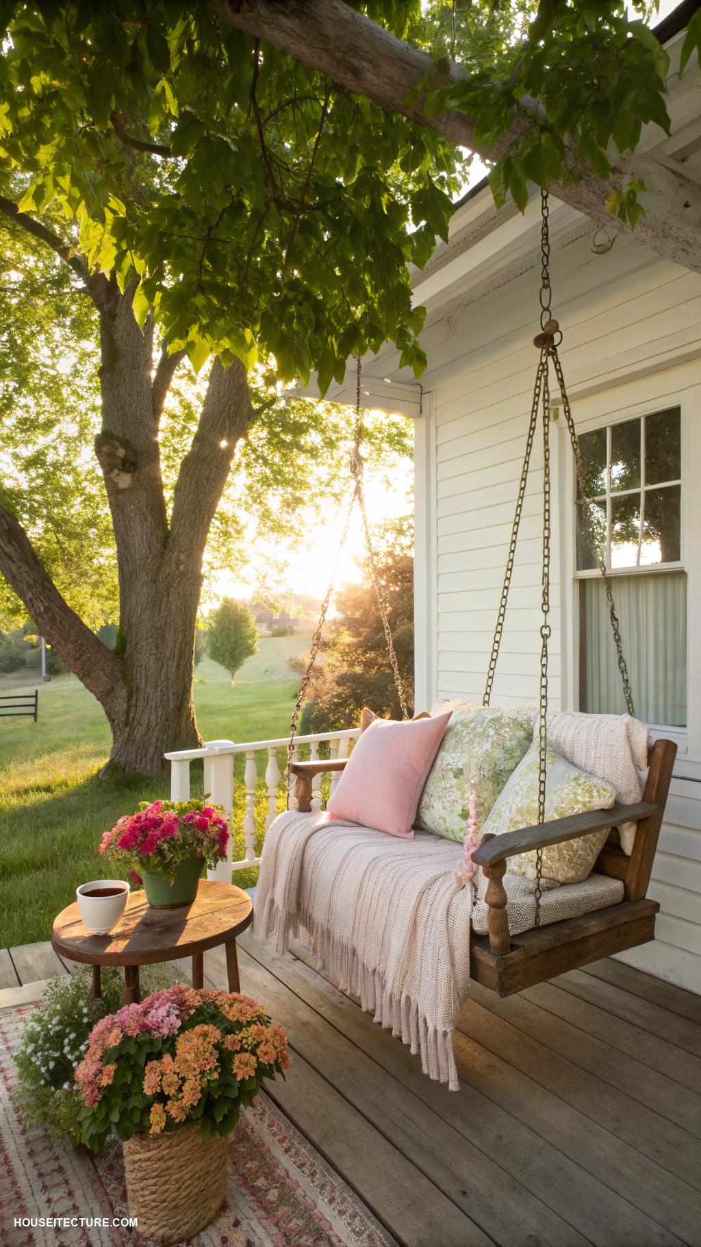 small old farmhouse Rustic wooden porch swing for relaxation