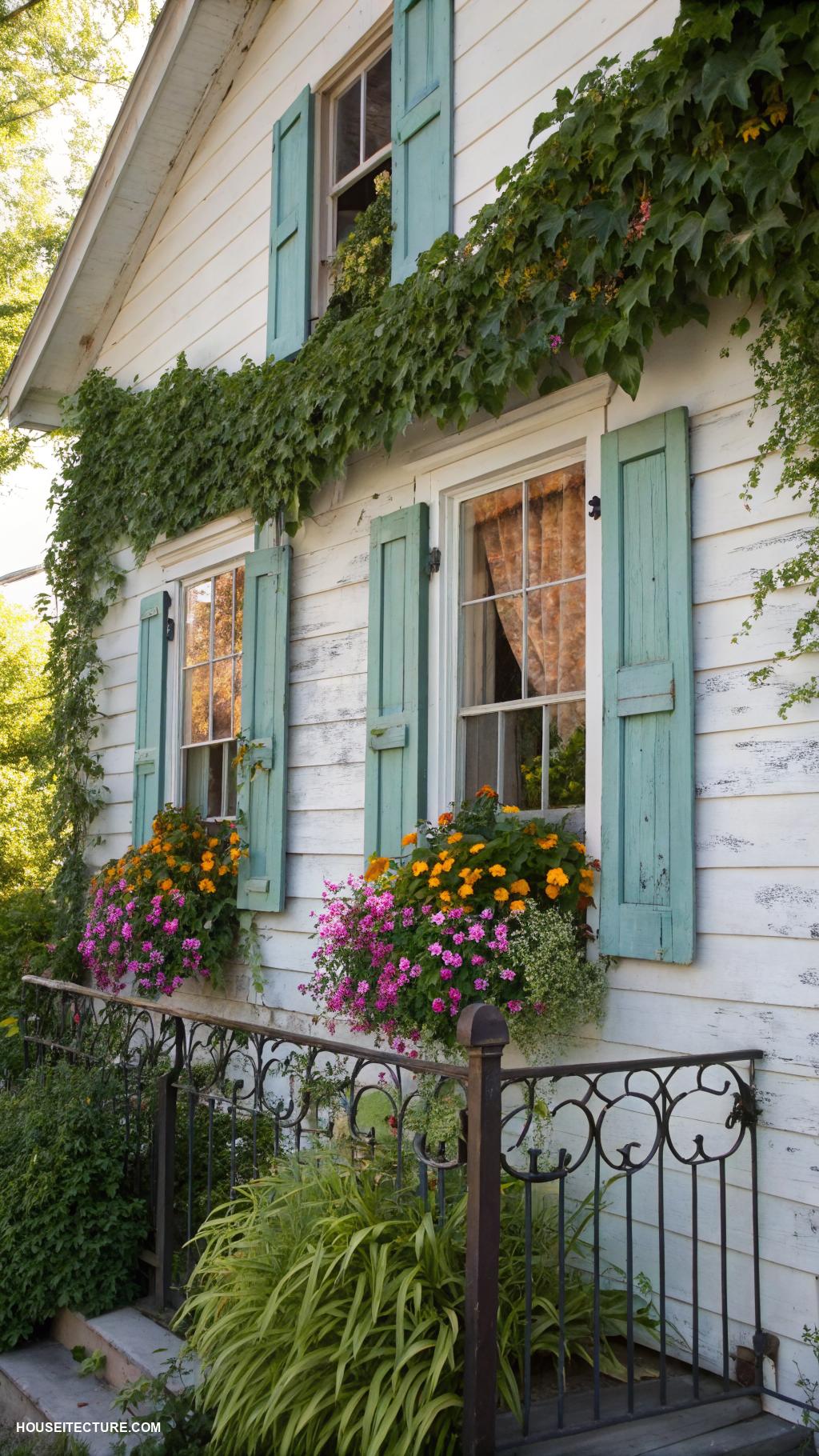 small old farmhouse Shuttered windows with cheerful window boxes