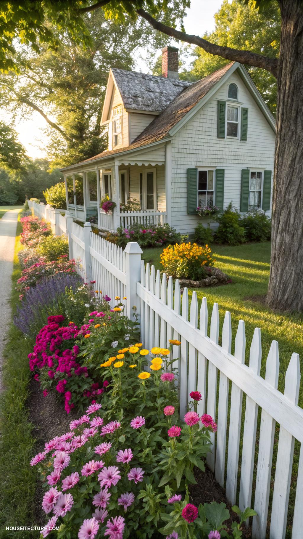 small old farmhouse White picket fence with colorful flower beds