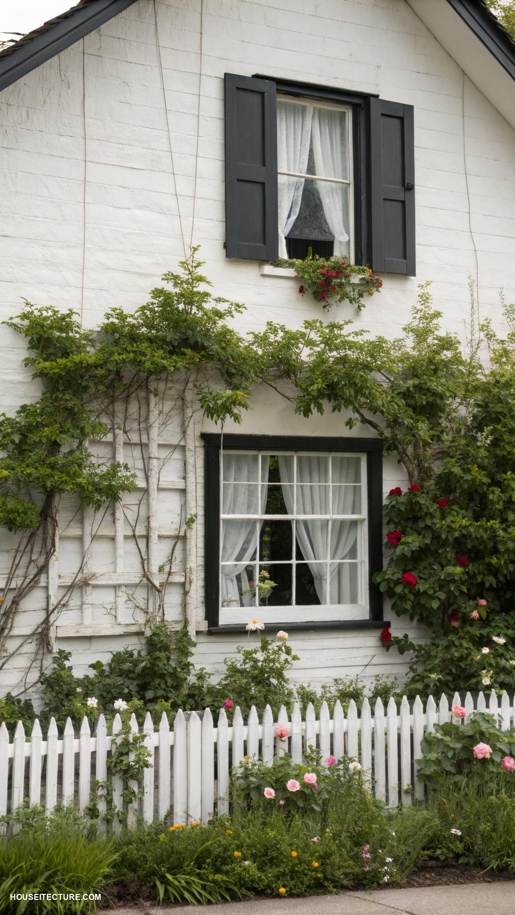 white farmhouse exterior Black window frames on white exterior