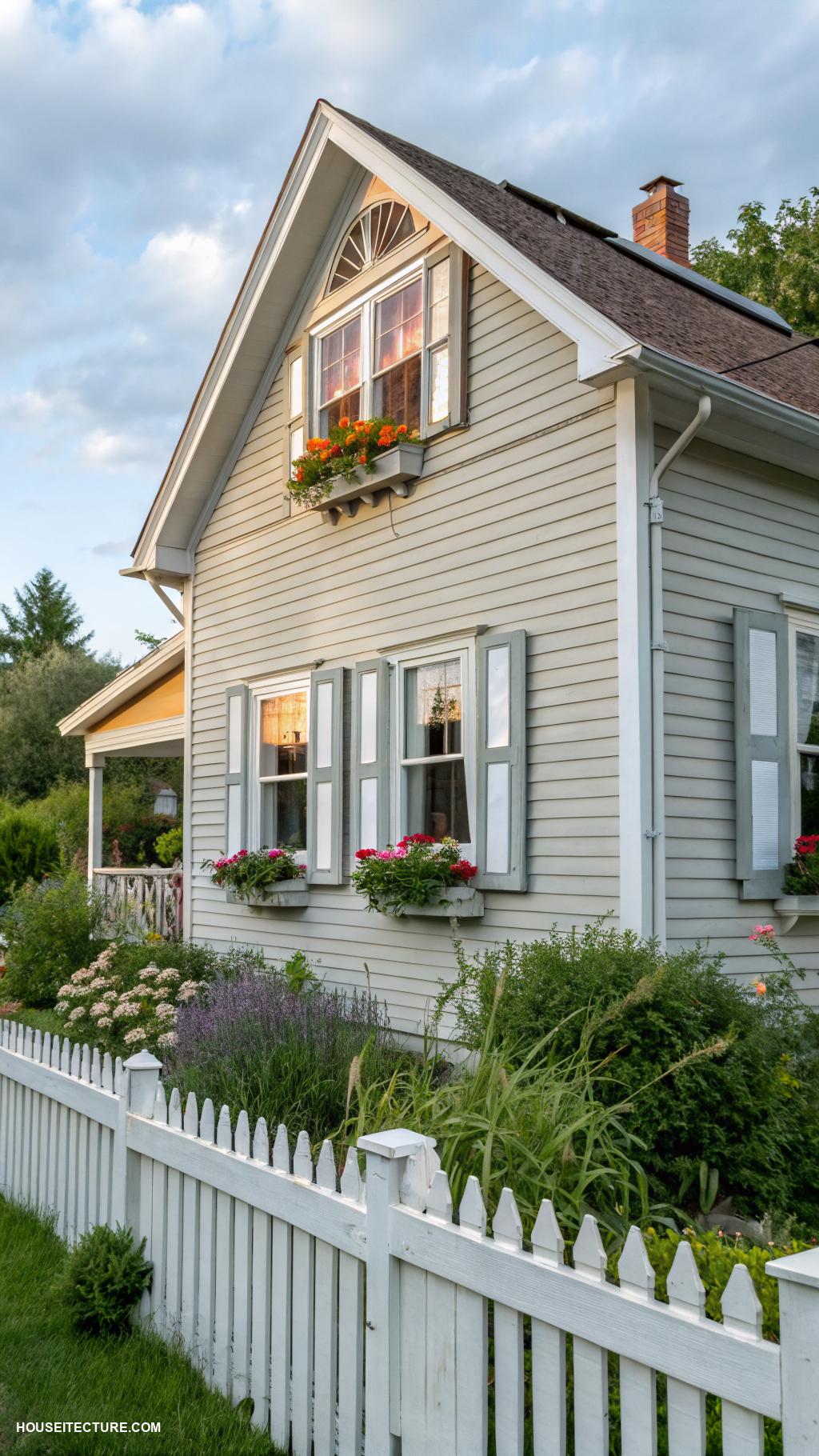 white farmhouse exterior Bright white raised panel shutters for contrast