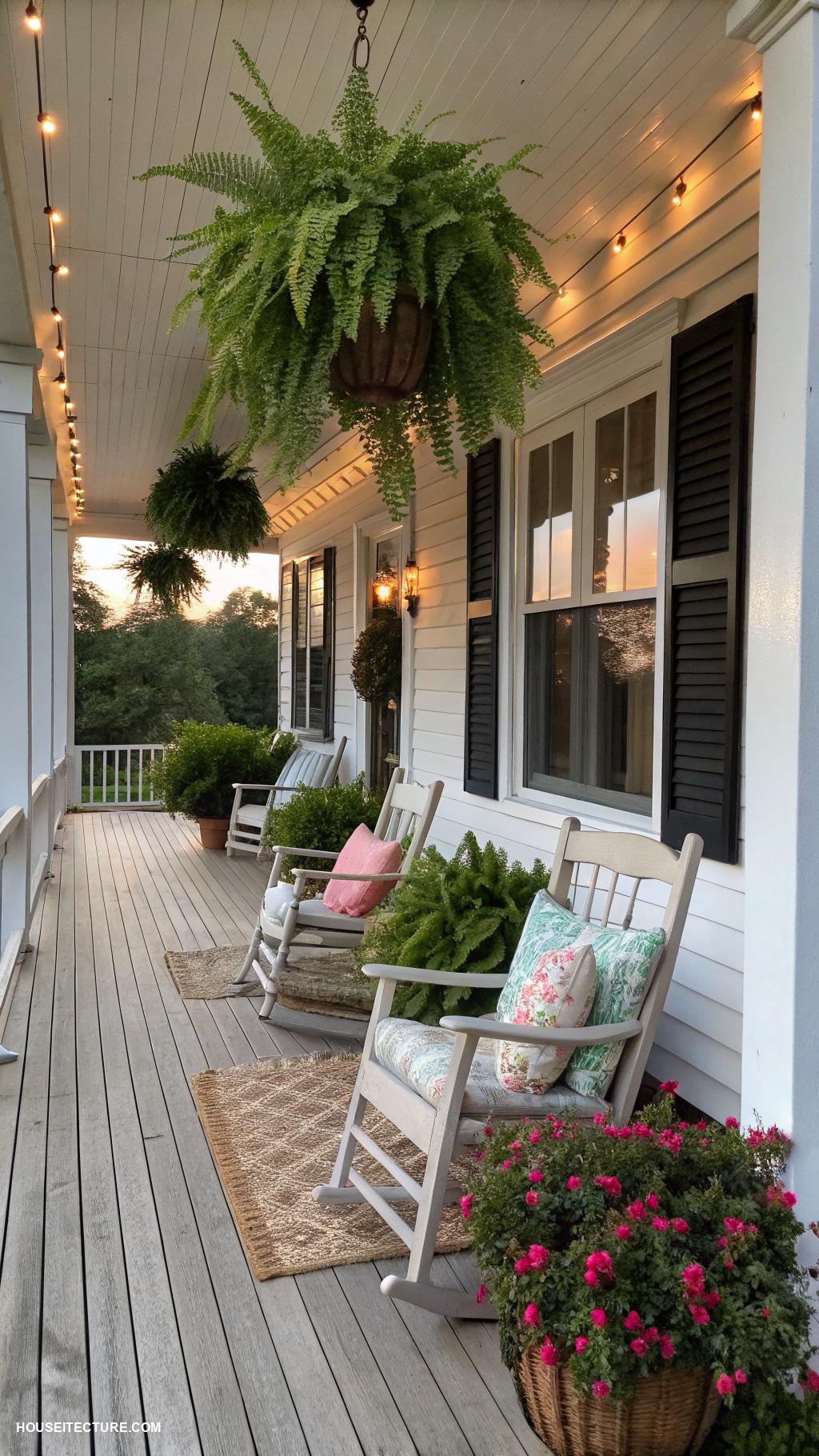 white farmhouse exterior Charming wrap around porch with rocking chairs