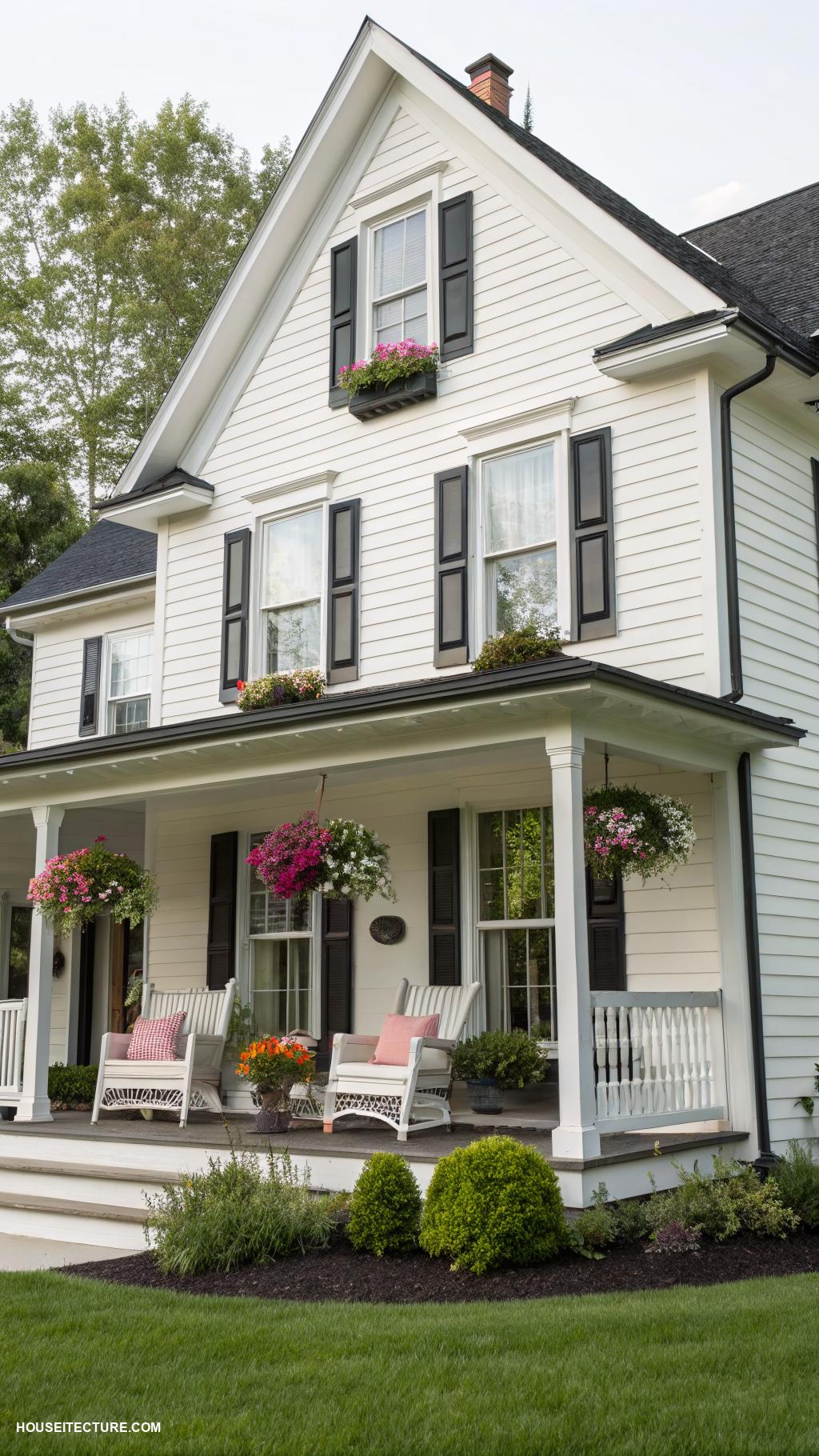white farmhouse exterior Classic white clapboard siding with black trim