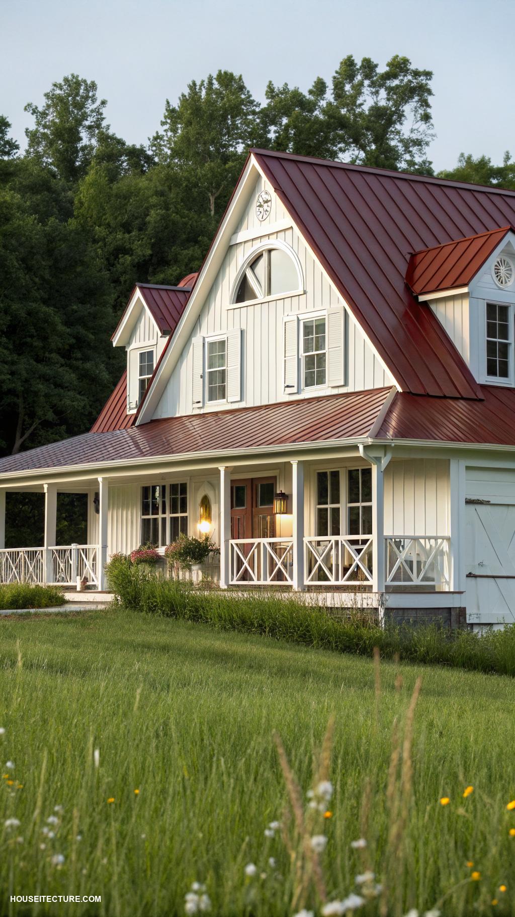 white farmhouse exterior Metal roof with white barn inspired accents