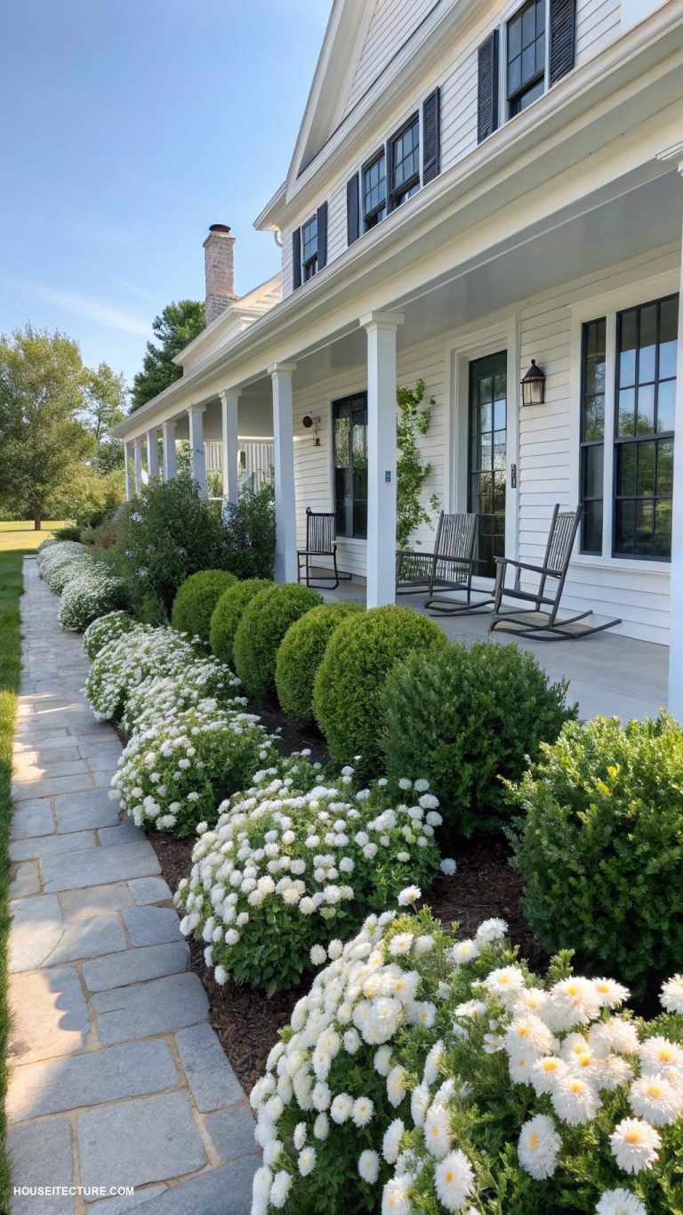 white farmhouse exterior Simple landscaping with white flowers and shrubs