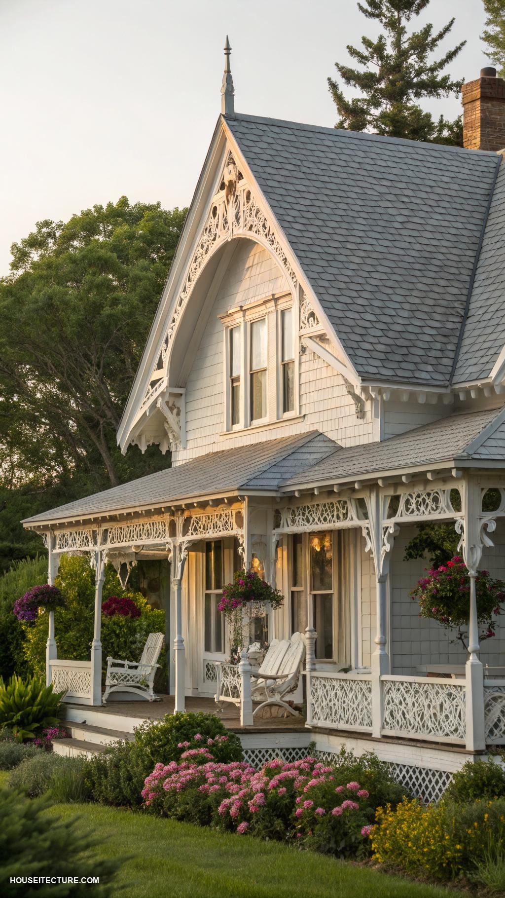 white farmhouse exterior Traditional gabled roof with decorative details