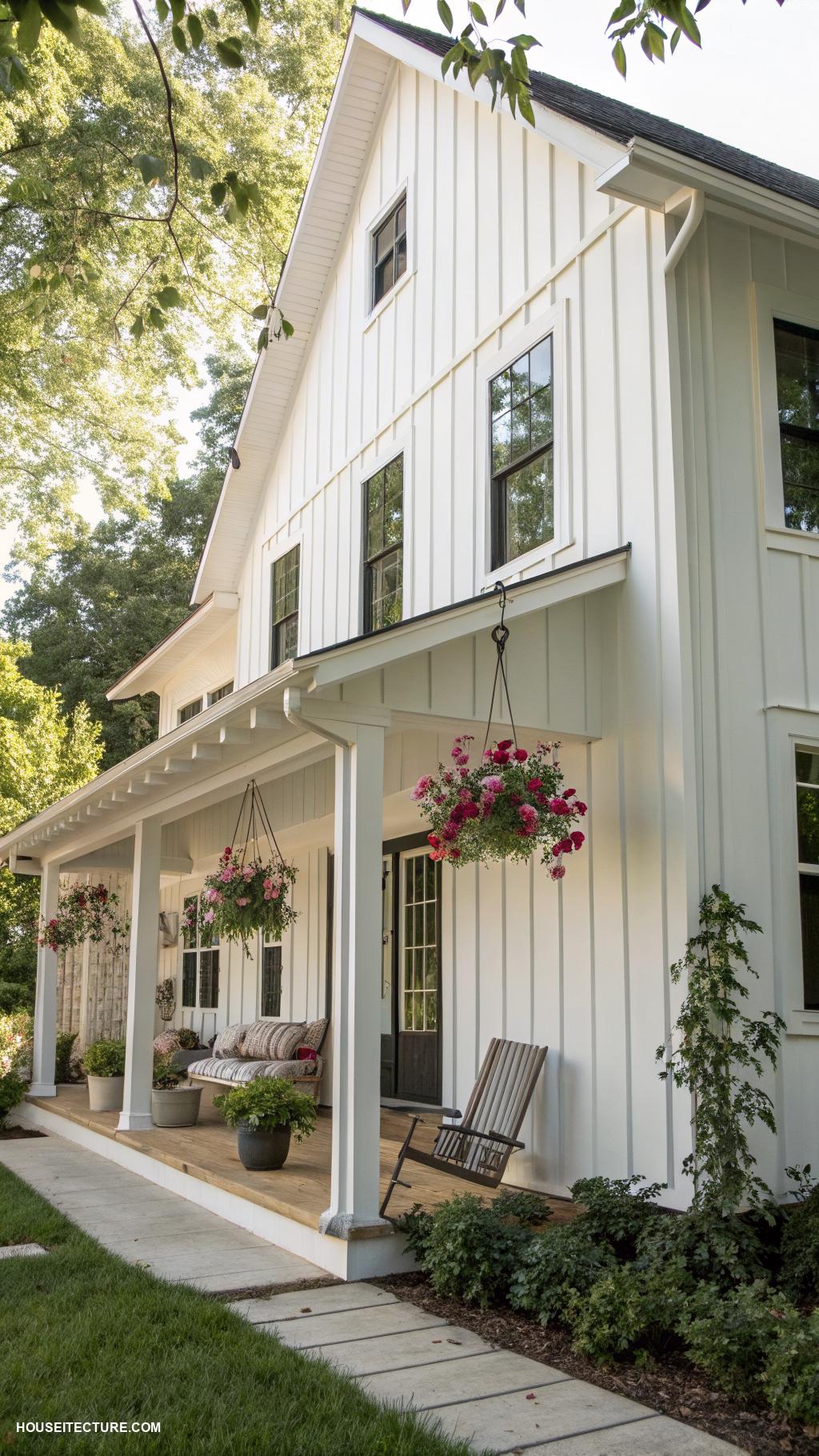 white farmhouse exterior White board and batten siding for texture