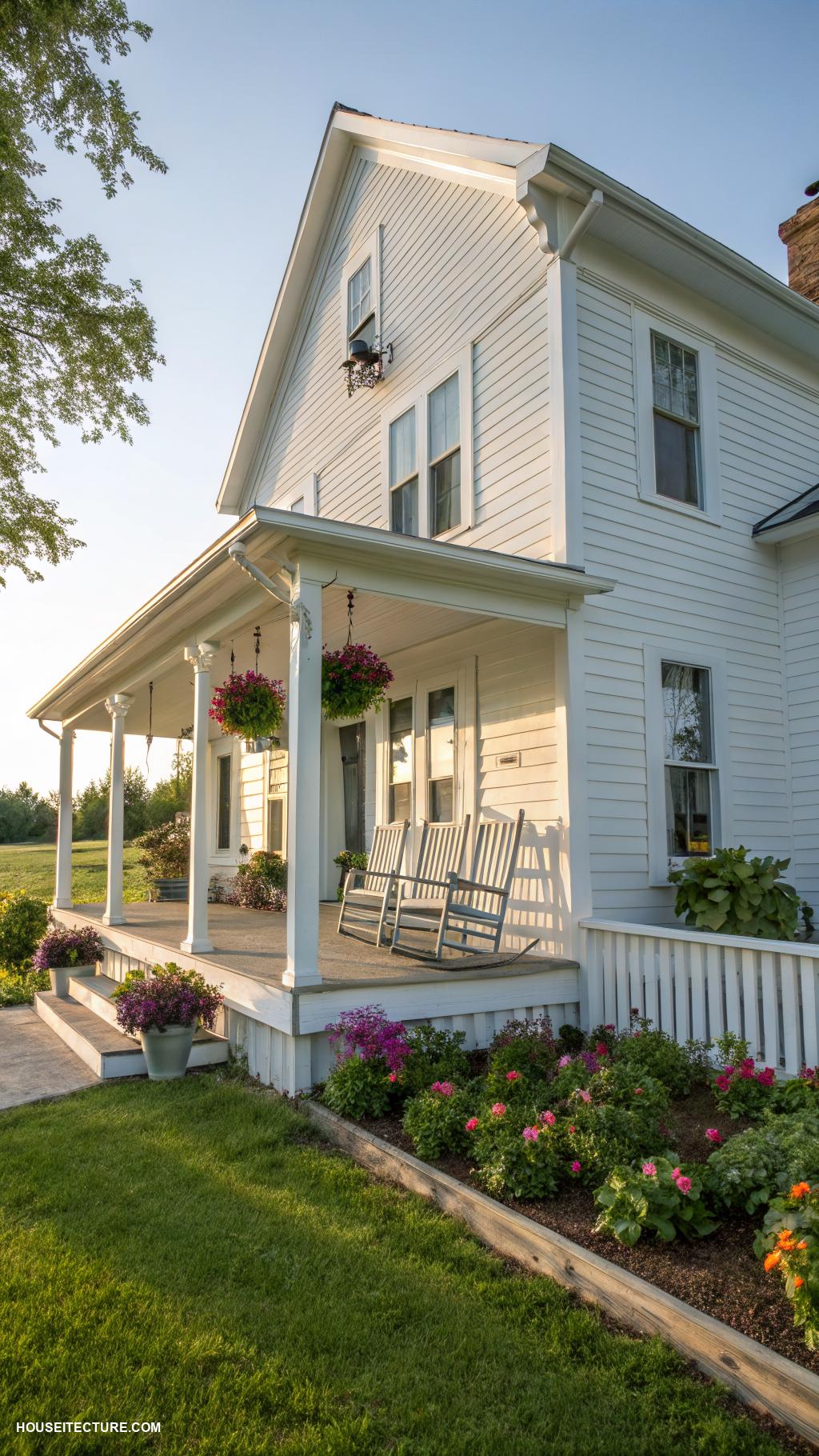 white farmhouse exterior White siding with a light gray porch