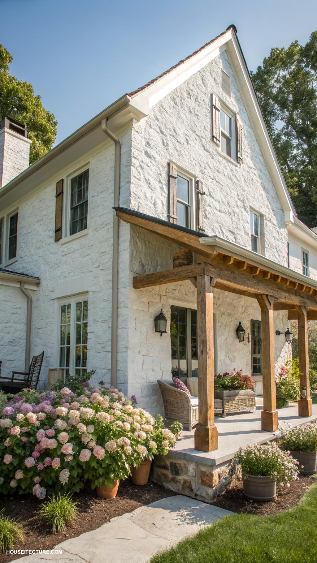 white farmhouse exterior White stone facade with wooden beams