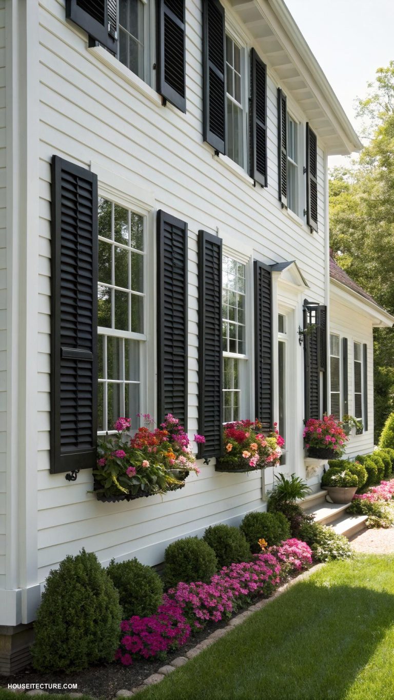 white house black shutters Install louvered black shutters for ventilation