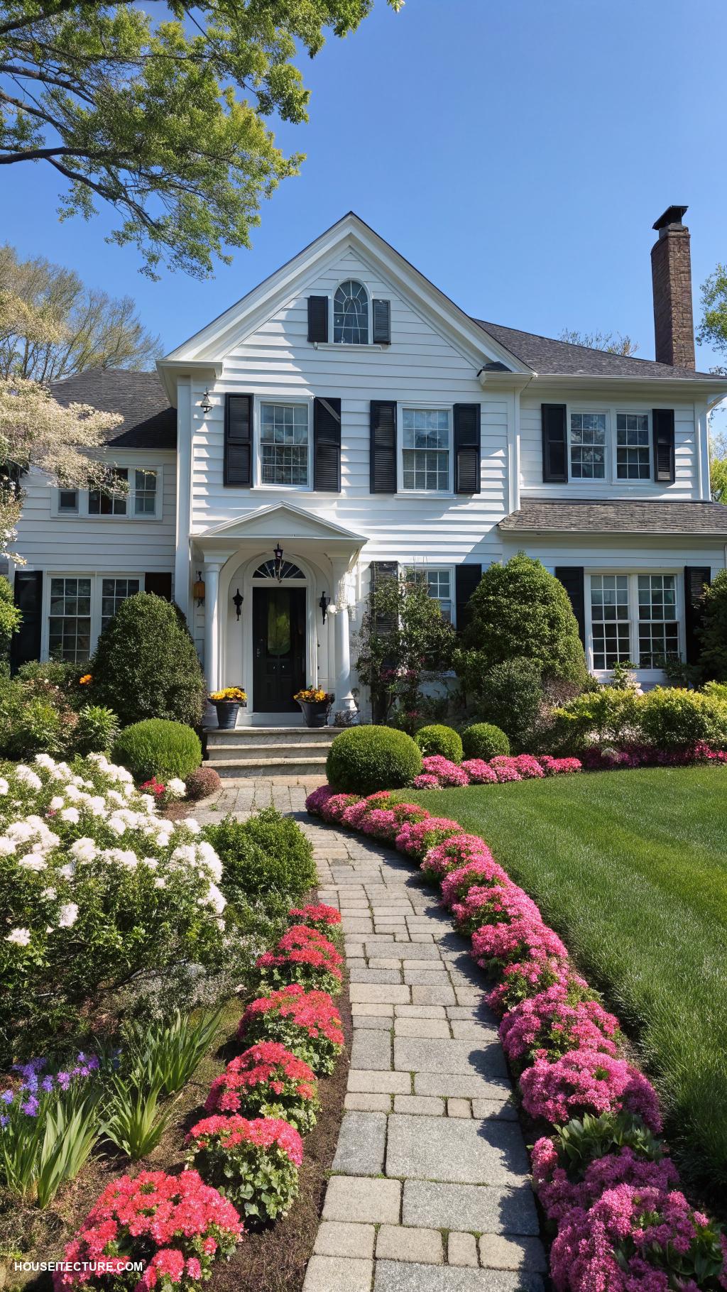 white house black shutters Integrate black shutters with vibrant landscaping