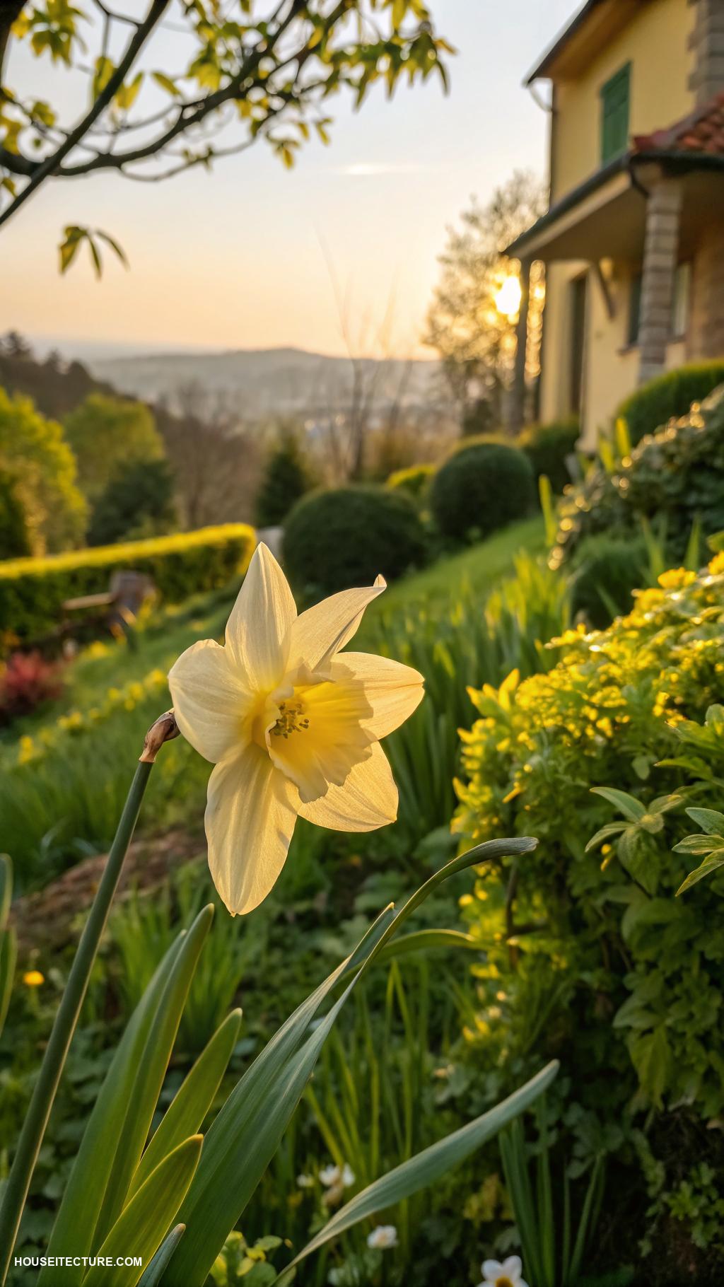 yellow house Light daffodil yellow surrounded by landscape greenery