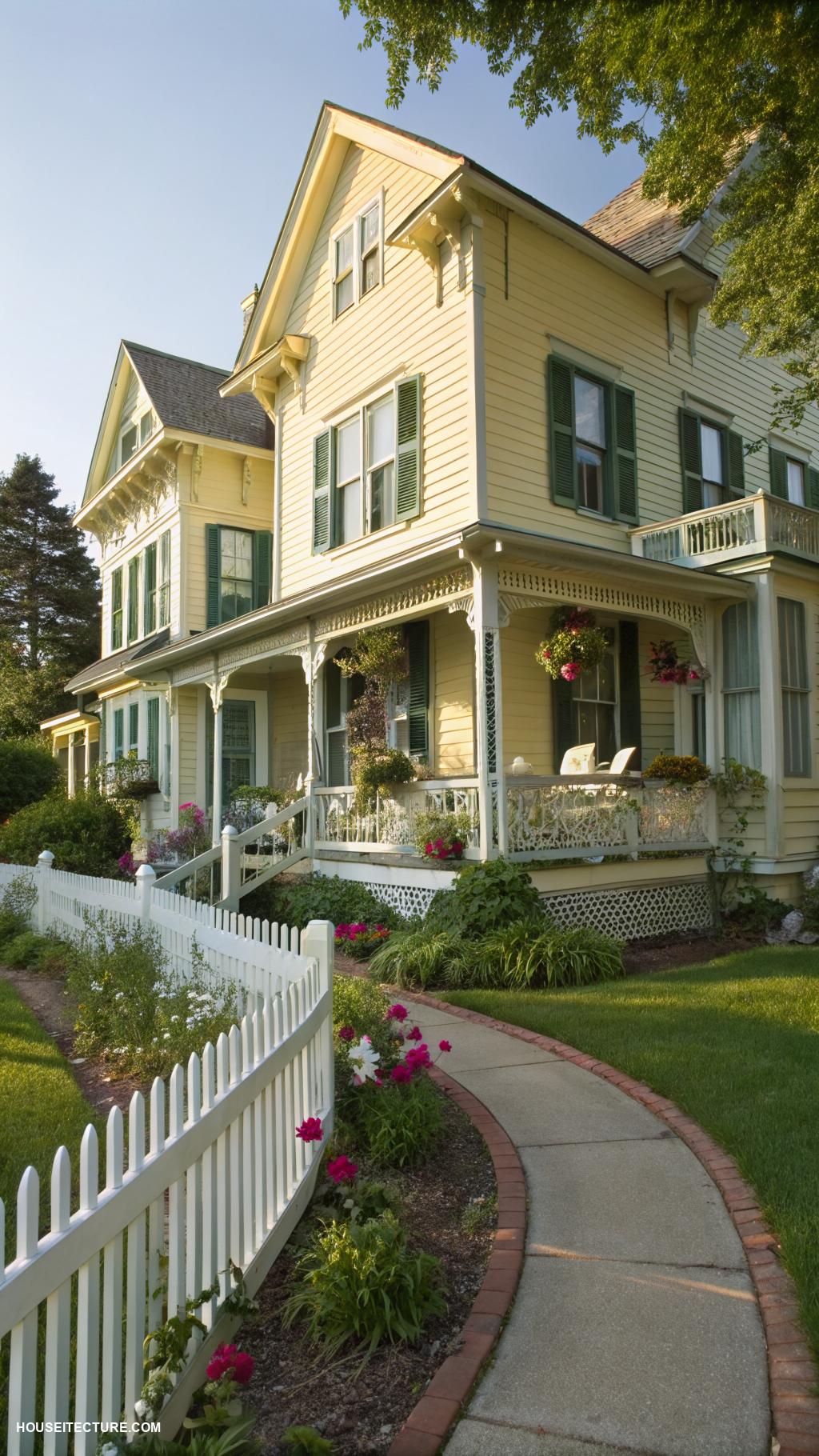 yellow house Pale lemon yellow with green accents
