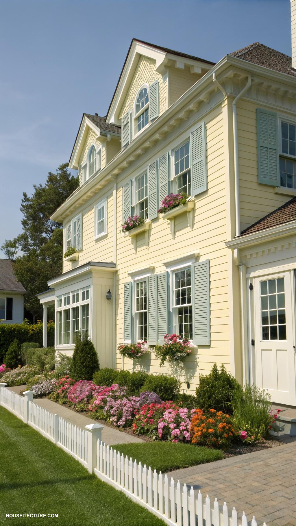 yellow house Pale yellow exterior shutters enhance curb appeal