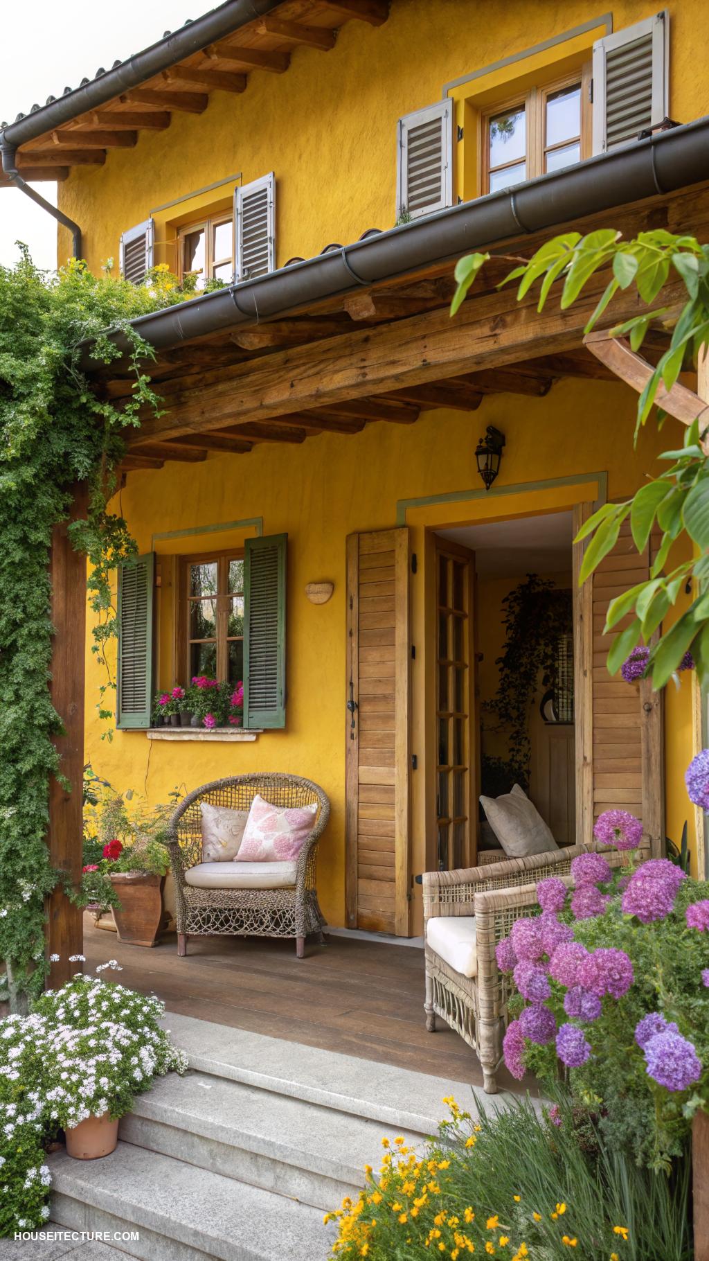 yellow house Vibrant sunflower yellow with natural wood